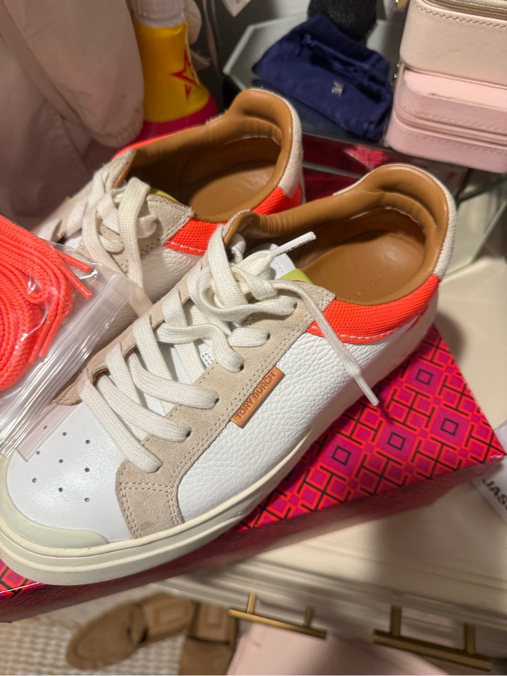 Tory Burch White Sneakers with Fluorescent Pink Accent - Picture 4 of 5